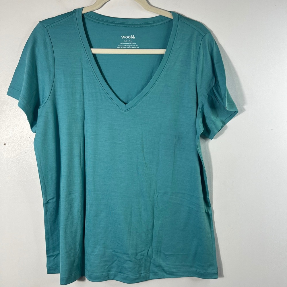 Womens Wool& Morgan V Neck Merino Blend Tee Shirt Teal L NIP Merino Wool Nylon
